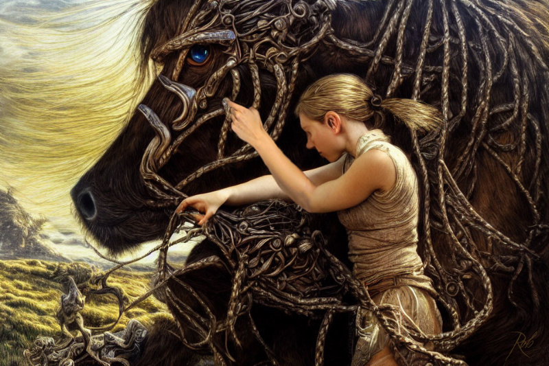 A pixie tangling a horse's mane