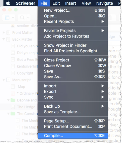 Scrivener's file=>Compile menu