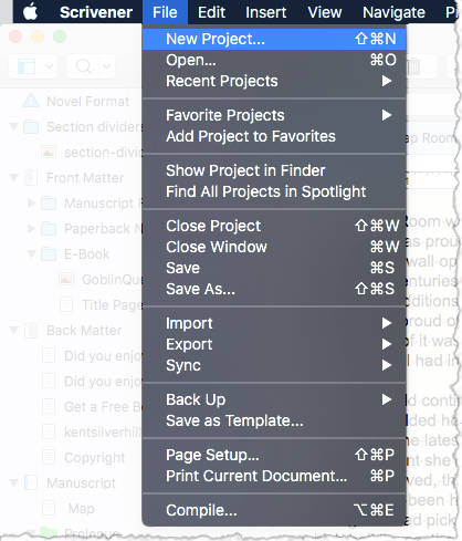 Scrivener file menu - creating a new project