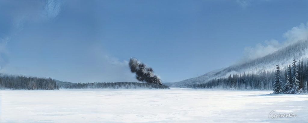 Frozen lake with a plume of smoke in the distance