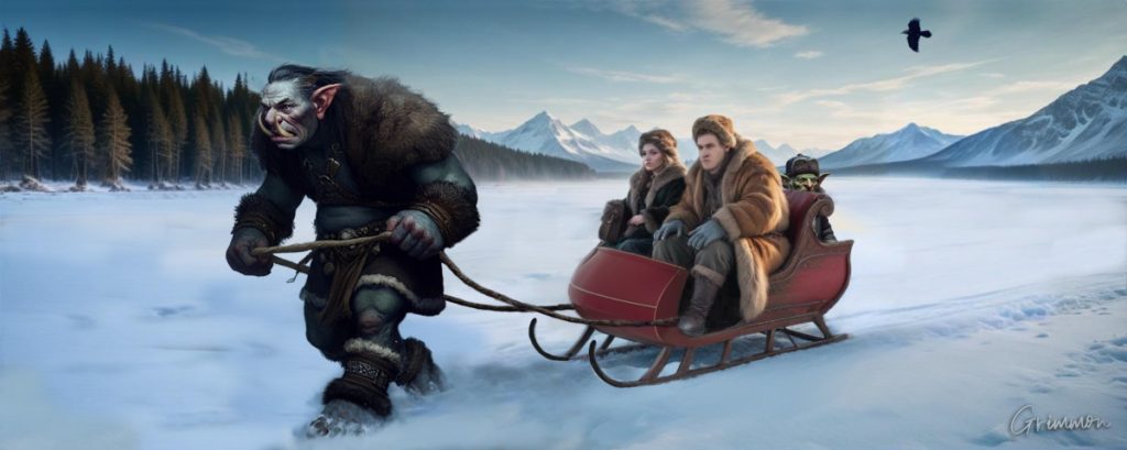 Trewla, Grimmon, and I in a sleigh drawn by a troll