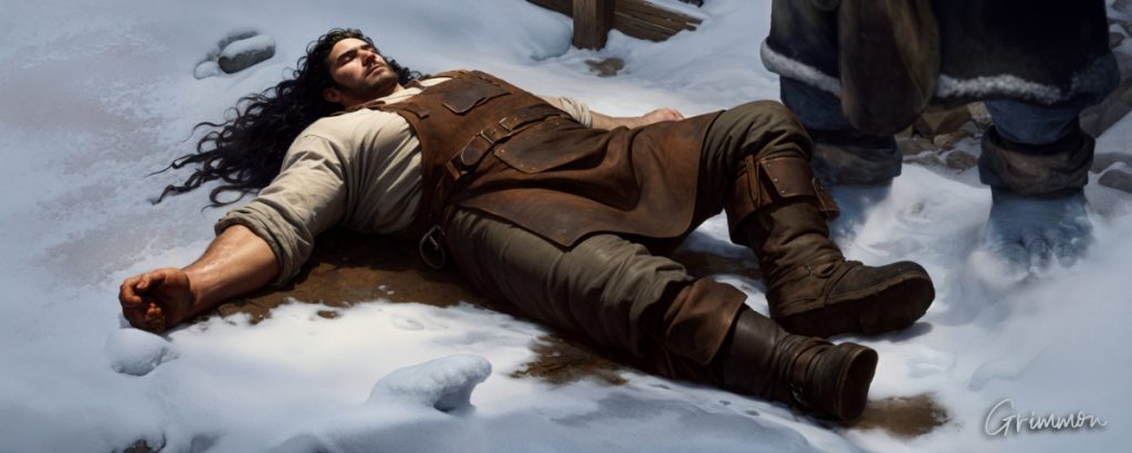 The blacksmith lying unconscious on his back in the snow