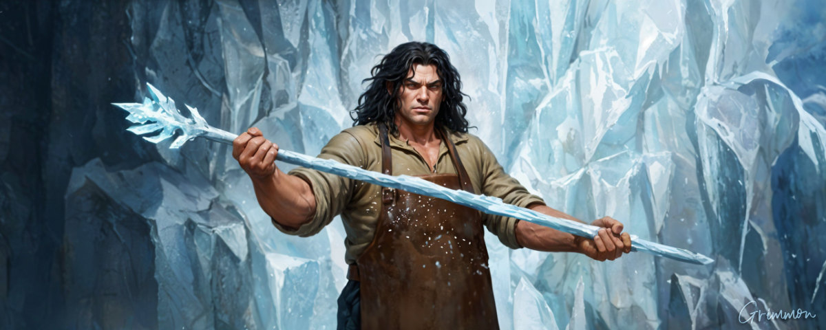 The blacksmith holding the ice mage's staff